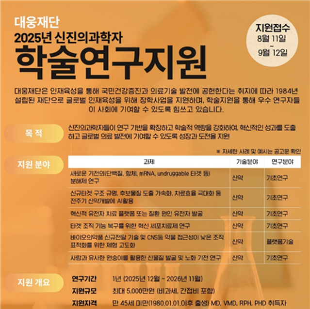 "5000만원 연구비 드려요" 대웅재단, 신진의과학자 연구 지원