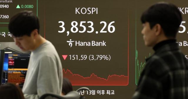 코스피, 외국인 2조8000억원대 순매도에…3.79% 내린 3853.26마감 [fn마감시황]